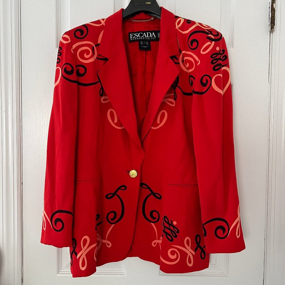 Vintage Escada 90s Red Silk "Graffiti" Print Blazer with Gold Buttons size 42